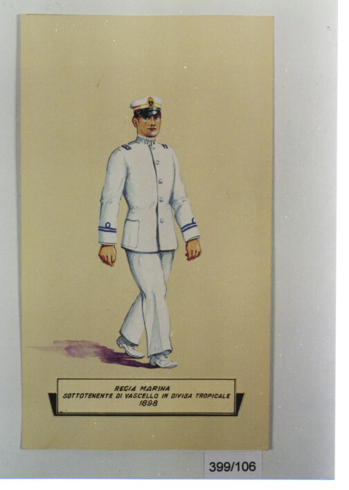 UNIFORME DI SOTTOTENENTE DI VASCELLO IN DIVISA TROPICALE DEL 1898 DELLA REGIA MARINA (DIPINTO, SERIE) - AMBITO ITALIANO (PRIMO QUARTO SEC. XX)