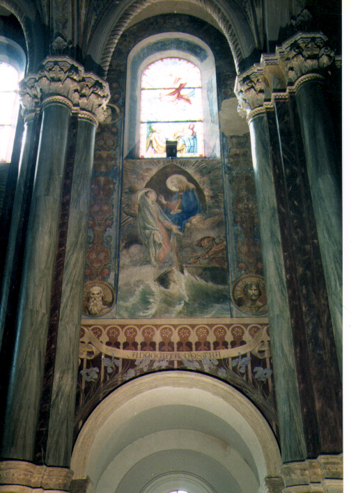Madonna con Cristo e marinaio in una barca tra le onde; decorazione floreale; Profeti e Sante (medaglione) (dipinto murale)