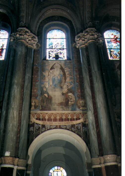Vergine in trono con pellegrini inginocchiati; decorazione floreale; Profeti e Sante (medaglione) (dipinto murale)