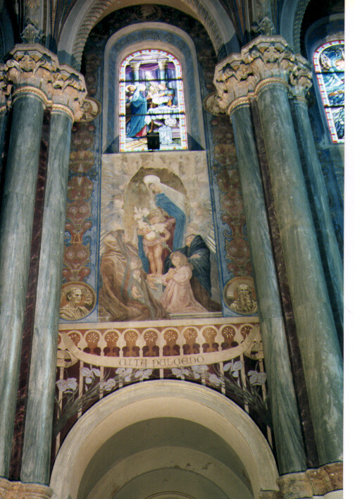 Vergine con Bambino che reca un giglio e fedeli inginocchiati; decorazionefloreale; Profeti e Sante (medaglione) (dipinto murale)