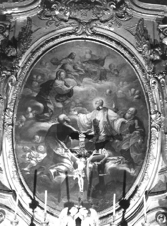 gloria di San Vincenzo dè Paoli con la Trinità, Madonna, San Pietro e San Paolo (dipinto, elemento d'insieme) di Micheli Pietro (prima metà sec. XVIII)