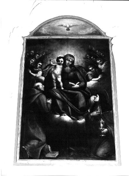 Madonna con Bambino/ San Bernardino da Siena/ Santa Chiara/ colomba dello Spirito Santo (dipinto, elemento d'insieme) di Cambiaso Luca detto Luchetto (seconda metà sec. XVI)