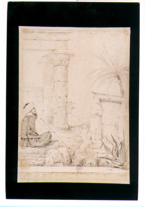 studio di uomo e architetture orientali (disegno) - ambito europeo (sec. XIX)