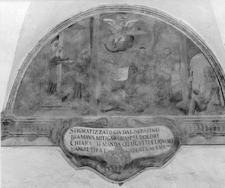 San Francesco d'Assisi stimmatizzato riceve unguenti da Santa Chiara (lunetta) di Manfredi Domenico (sec. XVII)