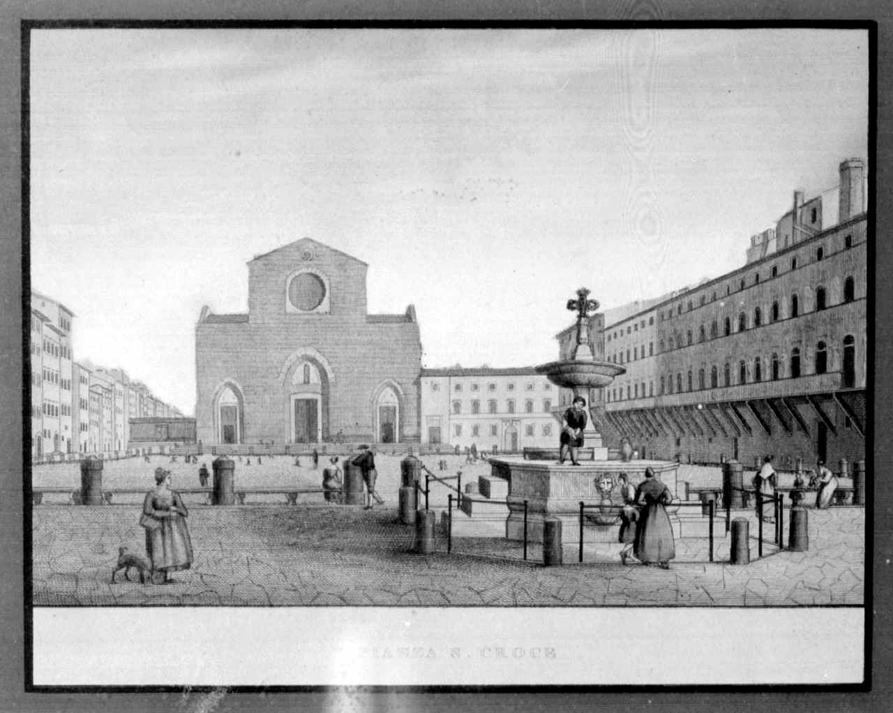 veduta di piazza S. Croce a Firenze (stampa colorata a mano) - ambito fiorentino (prima metà sec. XIX)