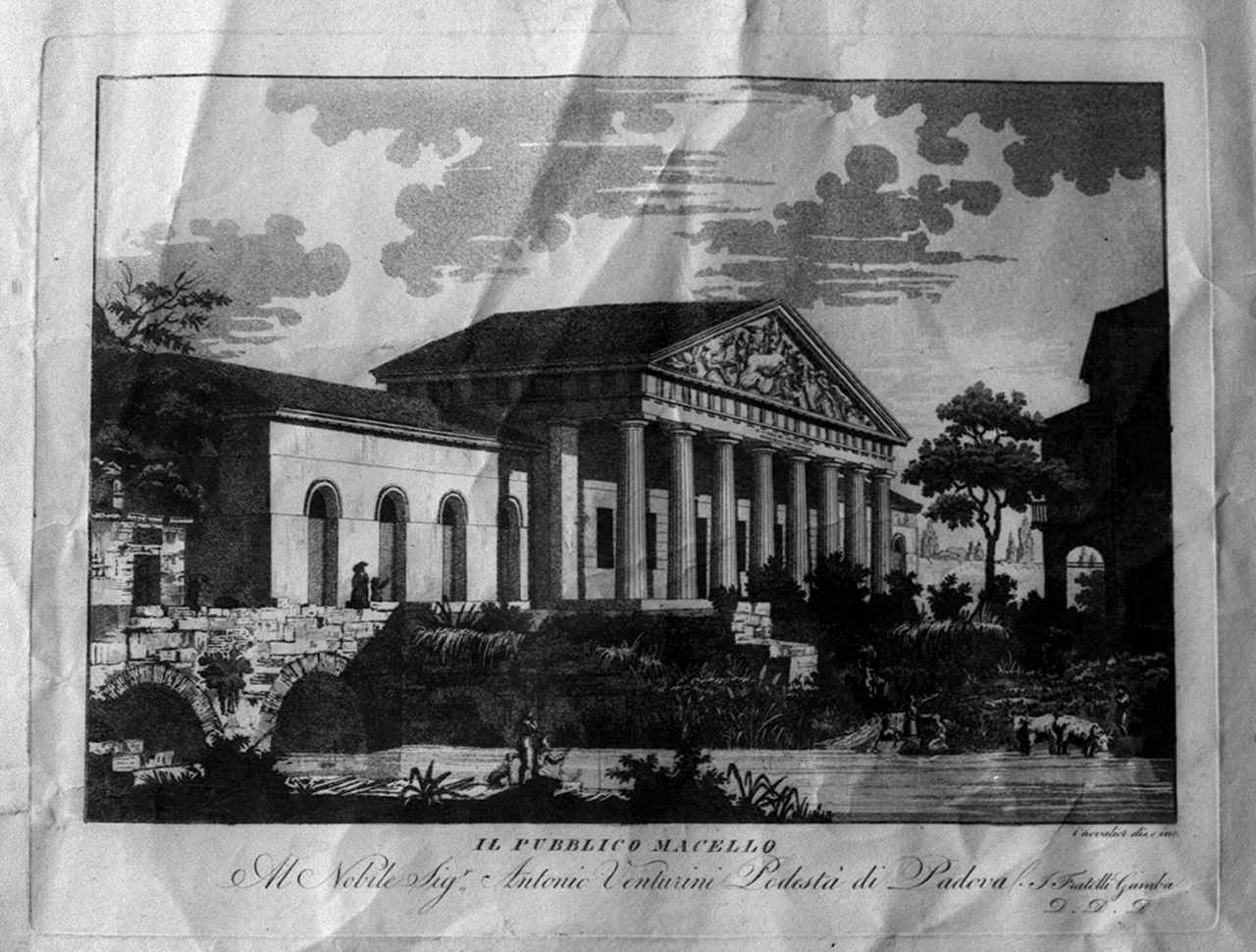veduta del pubblico macello di Padova (stampa) di Chevalier Jean Alexandre (seconda metà sec. XVIII)