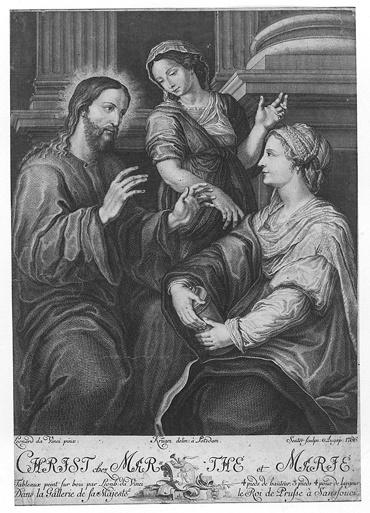 Cristo in casa di santa Marta e santa Maria Maddalena (stampa smarginata) di Seuter Geoffry, Kruger Andreas Ludwig (sec. XVIII)