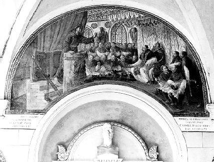 SAN FRANCESCO D'ASSISI PREDICA DAVANTI A PAPA ONORIO III (lunetta, elemento d'insieme) di Ademollo Luigi (sec. XIX)