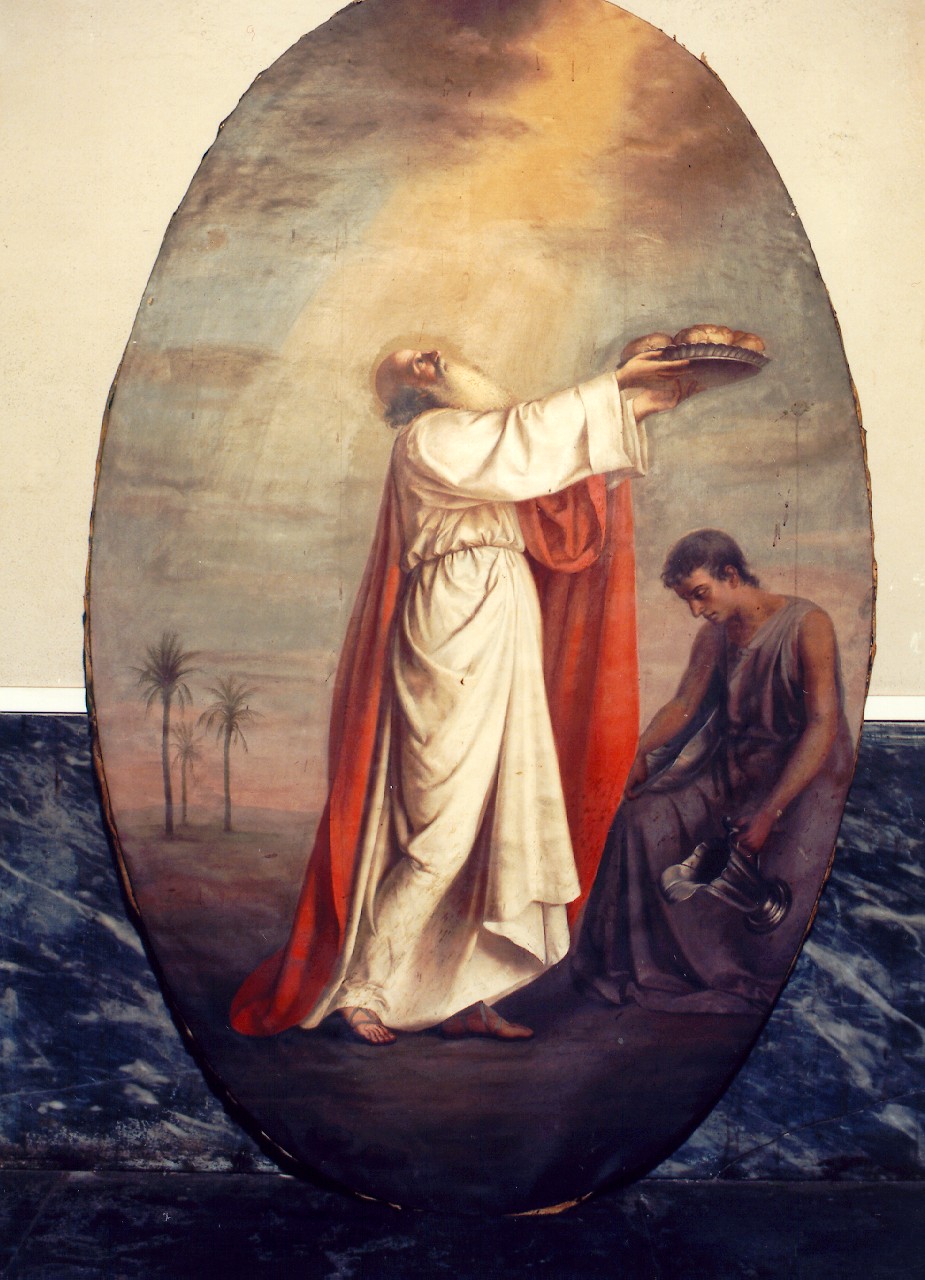 figura maschile che offre del pane al cielo (dipinto) - ambito siciliano (sec. XIX)