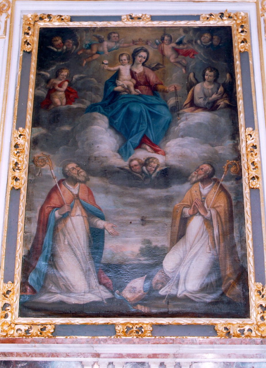 Madonna del Rosario incoronata da angeli con Gesu' Bambino e santi vescovi (dipinto) - ambito siciliano (Prima metà sec. XVIII)