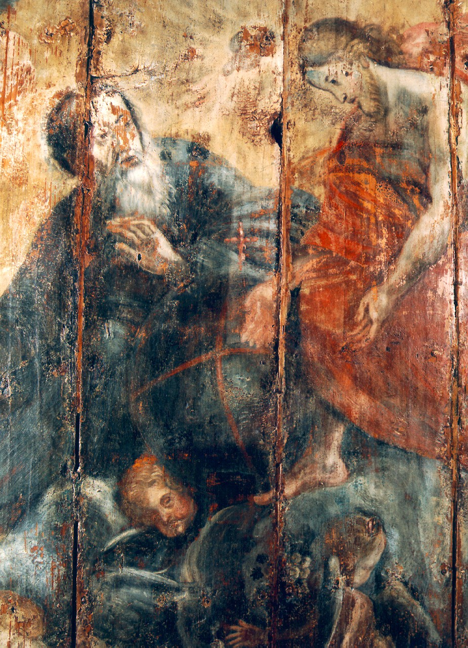 Trinita' e figure maschili attorno ad un sepolcro (dipinto) - ambito siciliano (Seconda metà sec. XVII)