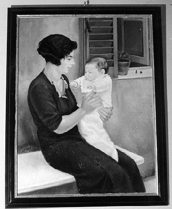 Maternità, Donna con bambino in braccio (dipinto) di Devoti Almina (sec. XX)
