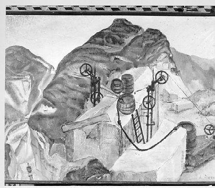 Taglio di marmi, veduta delle cave di Carrara (dipinto) di Piccini Americo (sec. XX)