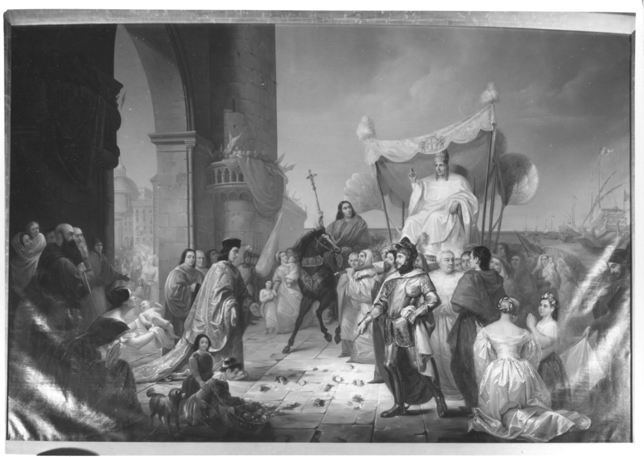 Innocenzo IV fugge da Federico II ed è ricevuto a Genova dal podestà, Innocenzo IV ricevuto dal podestà di Genova (dipinto, opera isolata) di Guiscardi Gandolfi Camilla (metà sec. XIX)