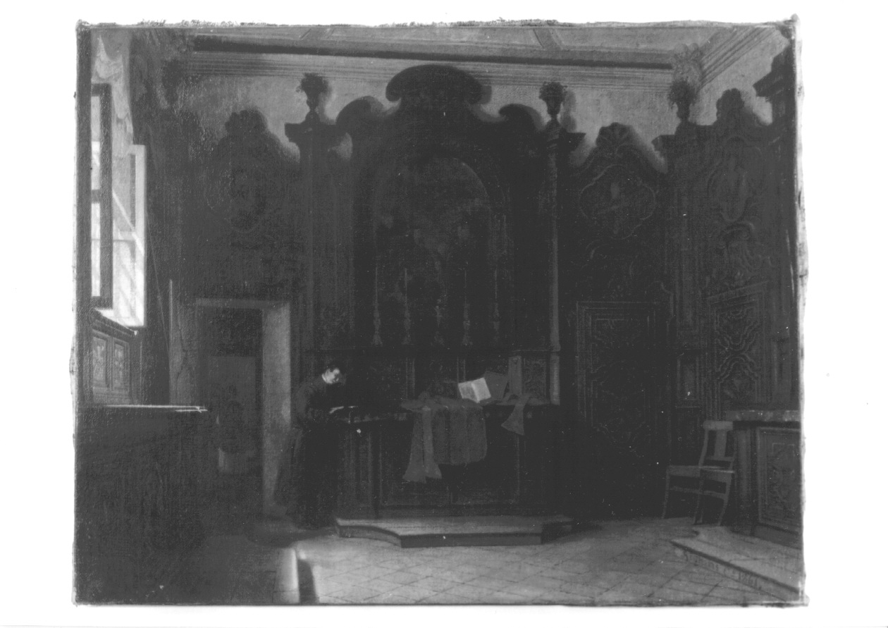 interno di sacrestia con sacerdote (dipinto, opera isolata) di Righini Camillo (terzo quarto sec. XIX)
