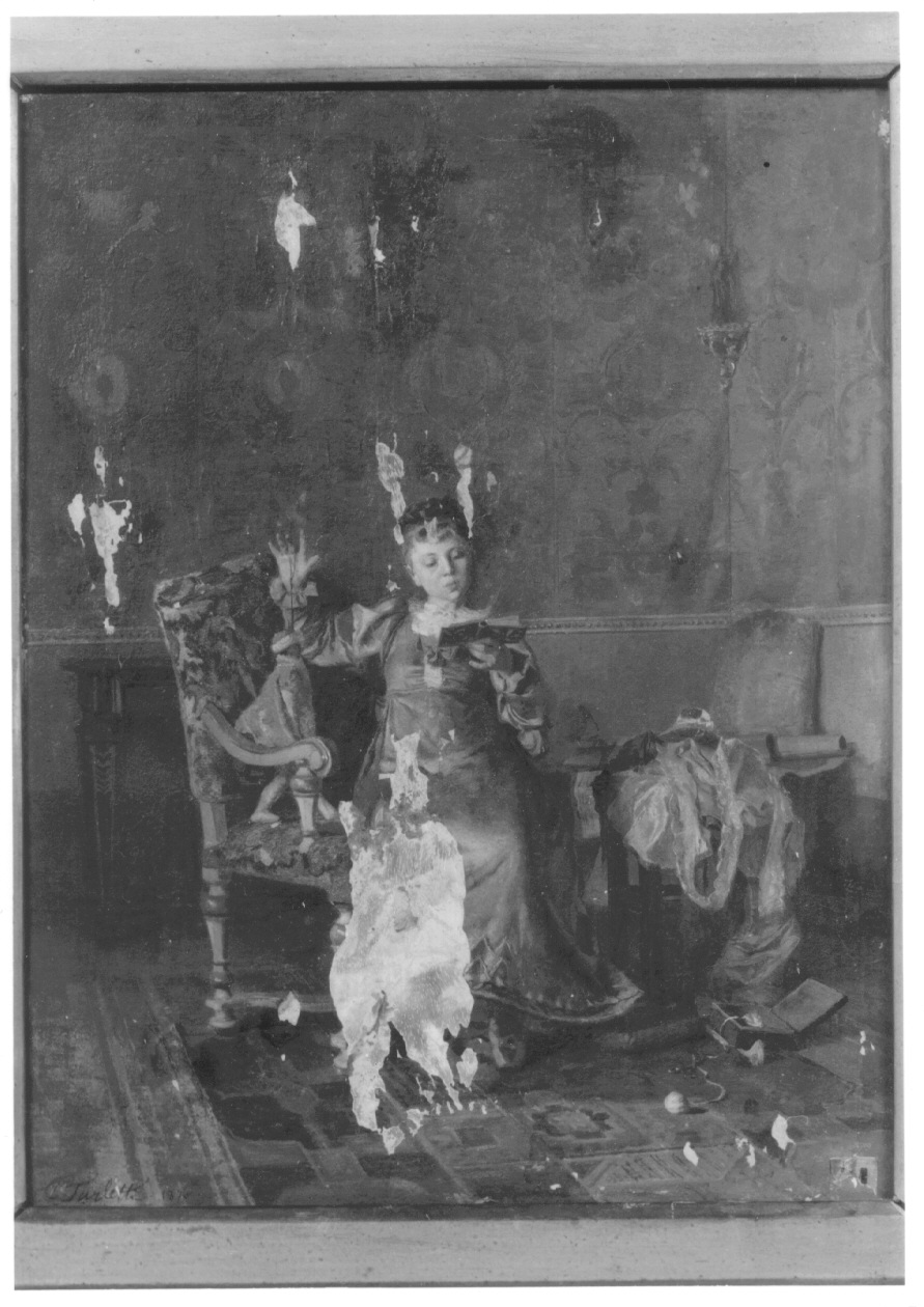 LA PROVA DELLA COMMEDIA, interno con figura femminile (dipinto, opera isolata) di Turletti Celestino (ultimo quarto sec. XIX)