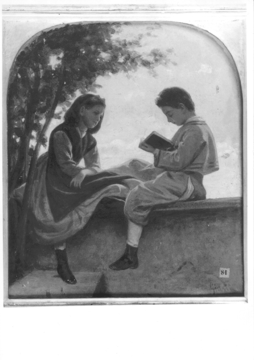 NOVELLE MORALI, bambini che leggono (dipinto, opera isolata) di Giani Giuseppe (terzo quarto sec. XIX)