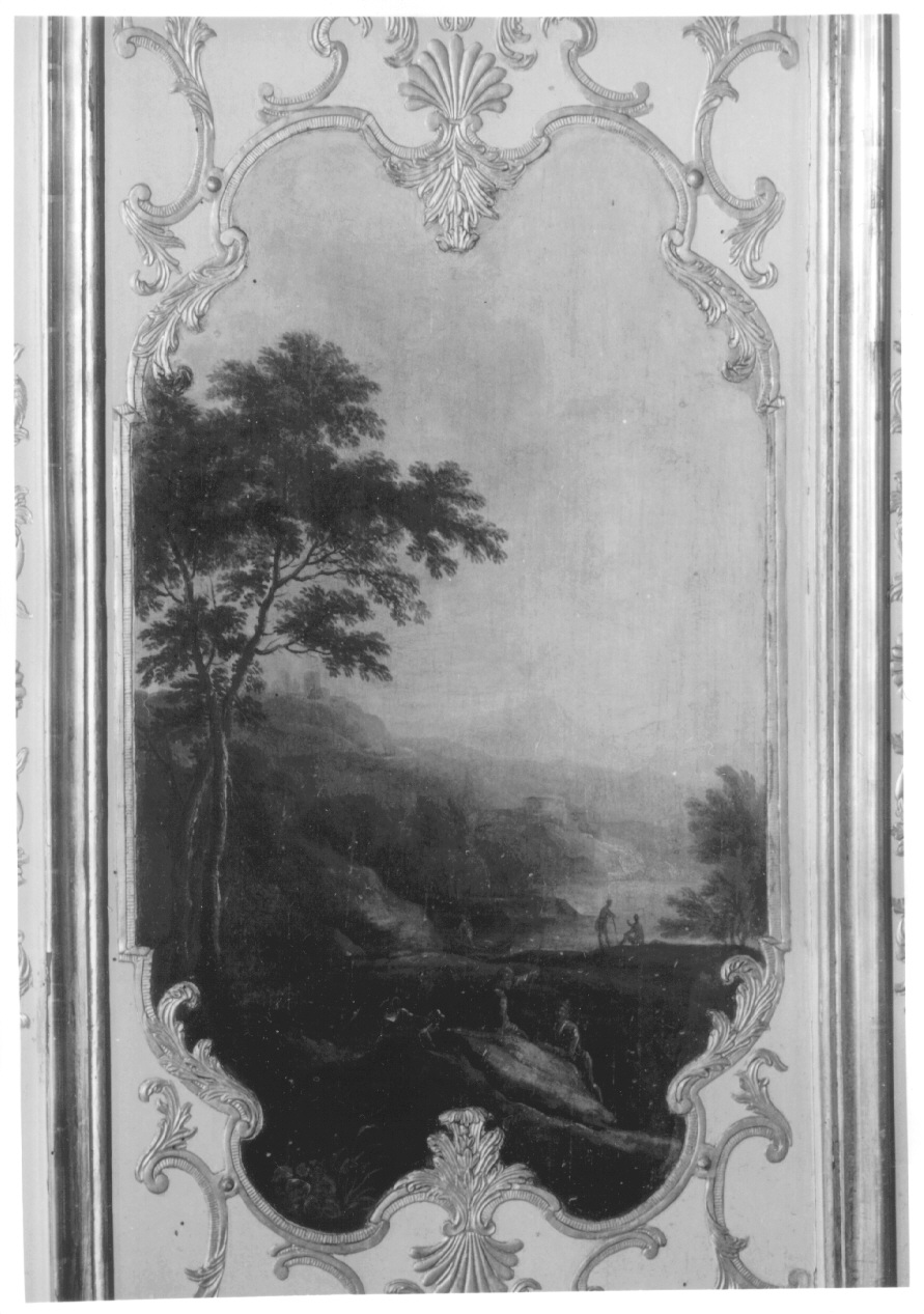 paesaggio con alberi e figure (dipinto, elemento d'insieme) di Brambilla Carlo Filippo (secondo quarto sec. XVIII)