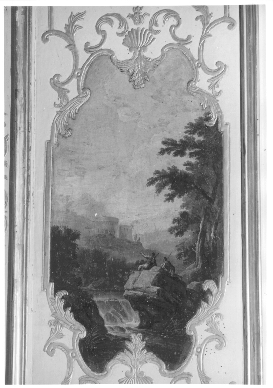 paesaggio con alberi, architetture e figure (dipinto, elemento d'insieme) di Brambilla Carlo Filippo (secondo quarto sec. XVIII)