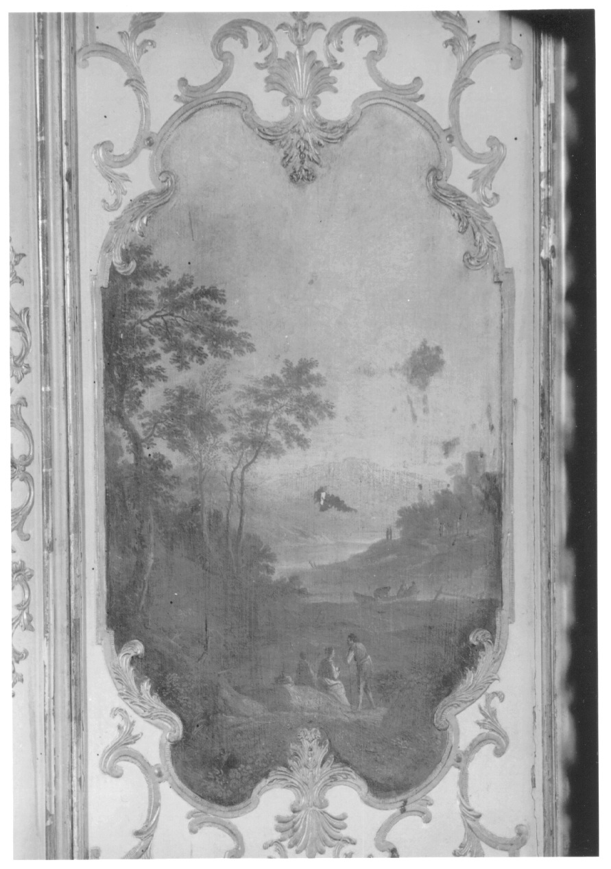 paesaggio con alberi, architetture e figure (dipinto, elemento d'insieme) di Brambilla Carlo Filippo (secondo quarto sec. XVIII)