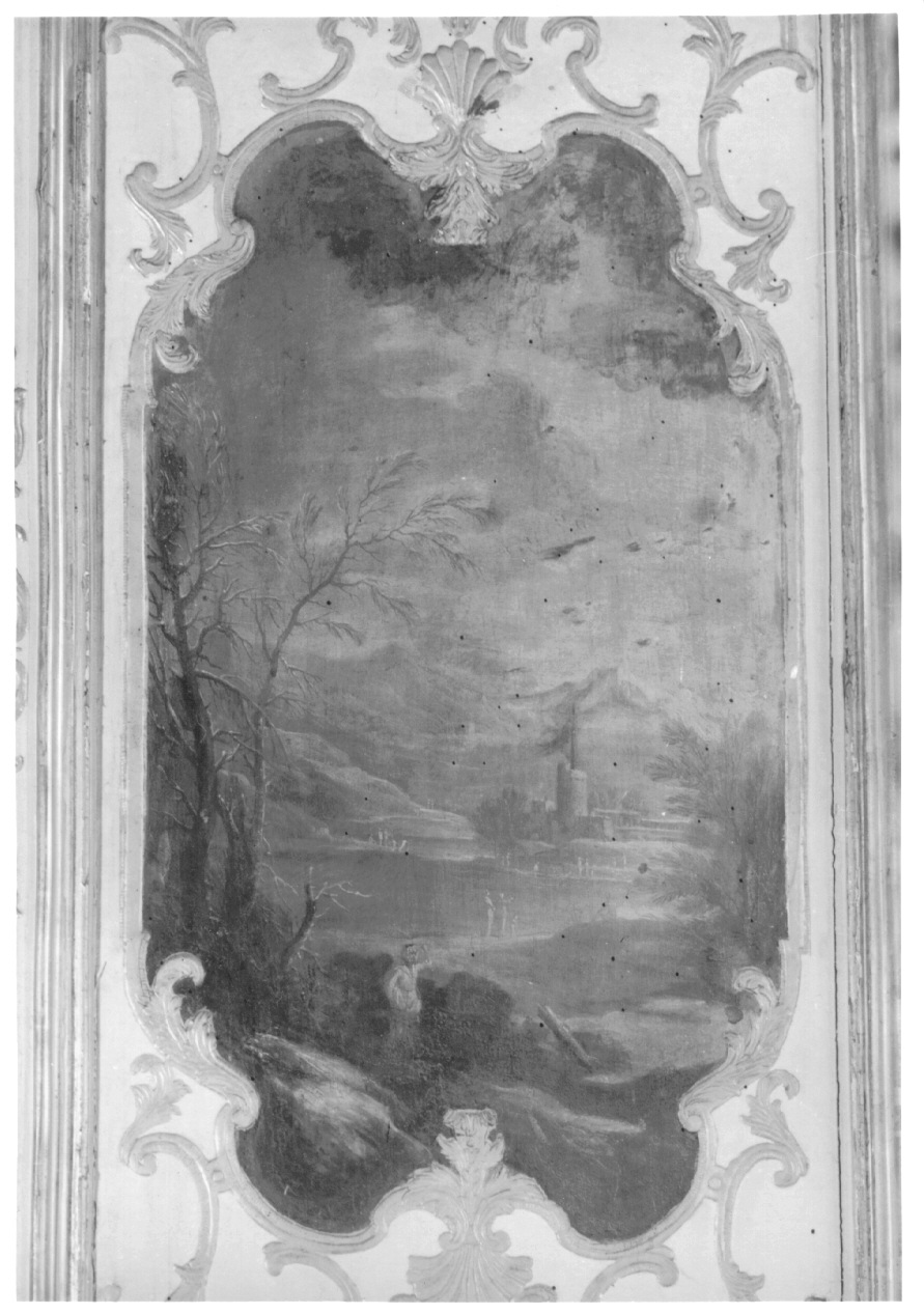 paesaggio con alberi, architetture e figure (dipinto, elemento d'insieme) di Brambilla Carlo Filippo (secondo quarto sec. XVIII)