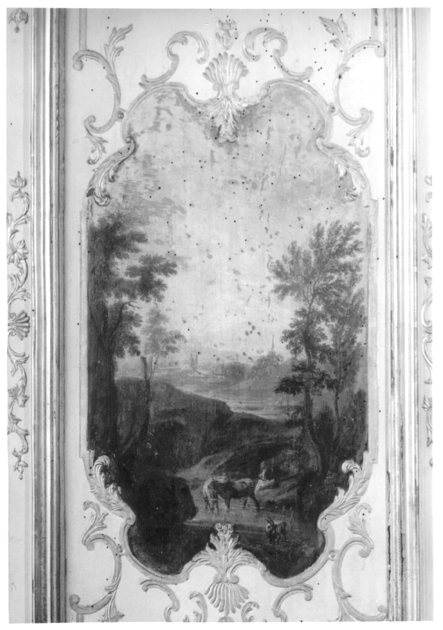 paesaggio con alberi, architetture e figure (dipinto, elemento d'insieme) di Brambilla Carlo Filippo (secondo quarto sec. XVIII)