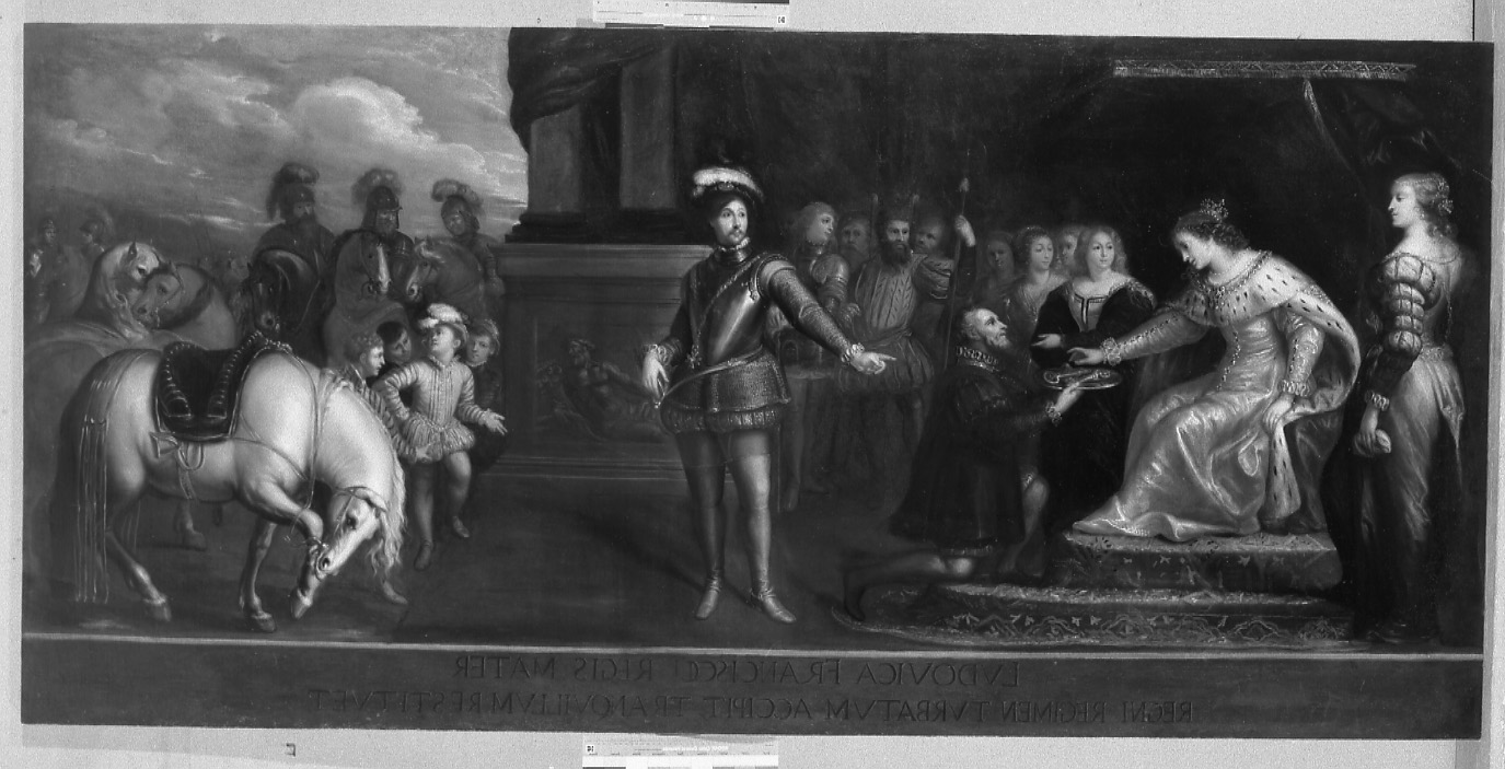 Luisa di Savoia restituisce la pace al regno (dipinto, opera isolata) di Santagostino Agostino (attribuito) (terzo quarto sec. XVII)