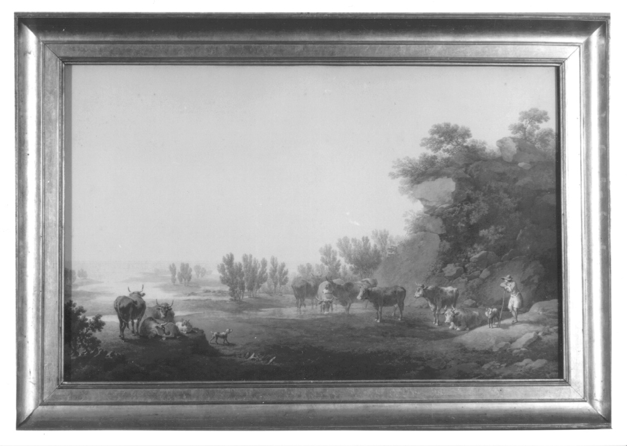 Gruppo di animali e figura, paesaggio con animali (dipinto, opera isolata) di Bagetti Giuseppe Pietro (prima metà sec. XIX)