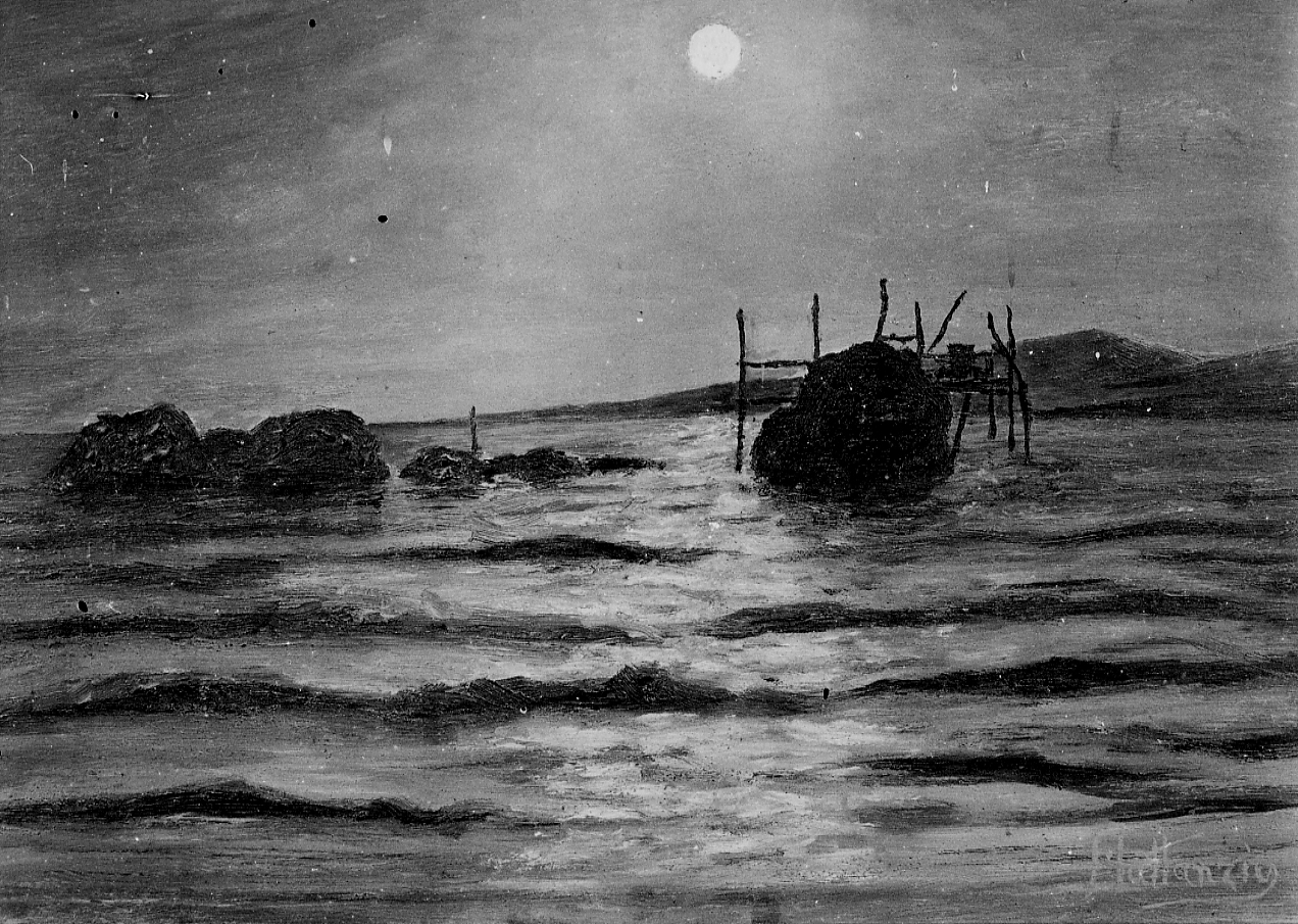 notturno - luna piena, paesaggio marino (dipinto) di Lattanzio Filandro (sec. XX)