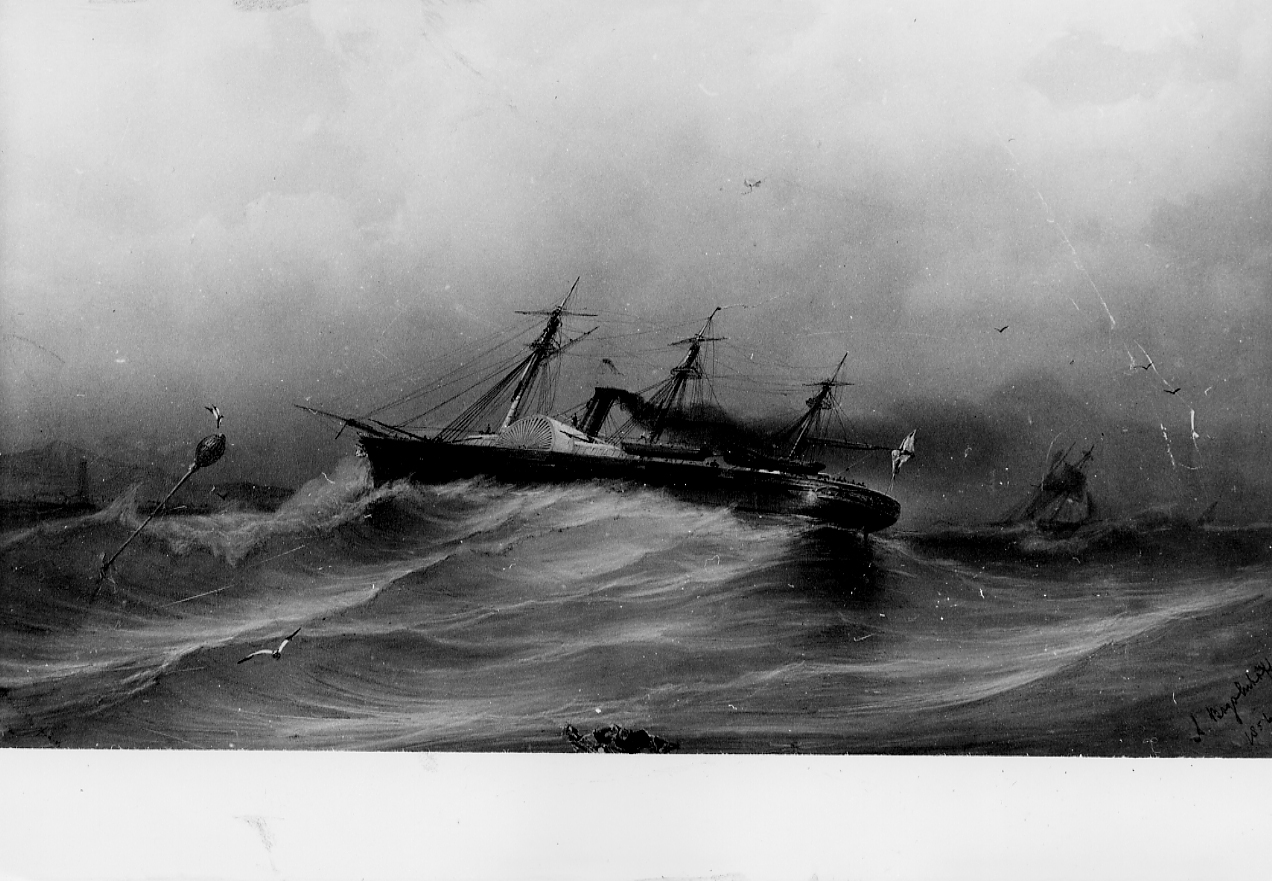tempesta di mare, paesaggio marino (dipinto) di Bogaluboff A (sec. XIX)