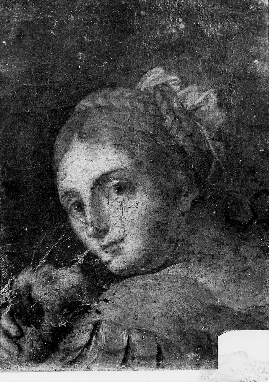 figura femminile con armatura e cane (dipinto) di De Litiis Giulio Cesare (attribuito) (fine/inizio secc. XVIII/ XIX)