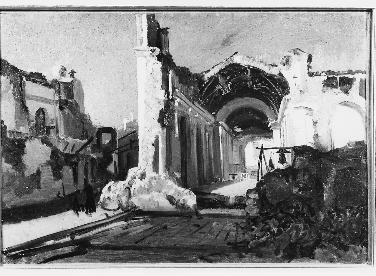 Chiesa di San Paolo dopo l'incendio, paesaggio con rovine (dipinto) di Palizzi Nicola (sec. XIX)