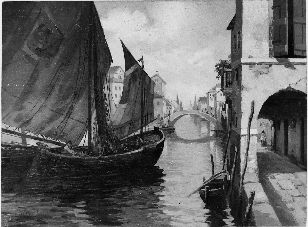 laguna di Venezia - Canale a Chioggia, veduta prospettica di Venezia (dipinto, opera isolata) di Havas E (sec. XIX)