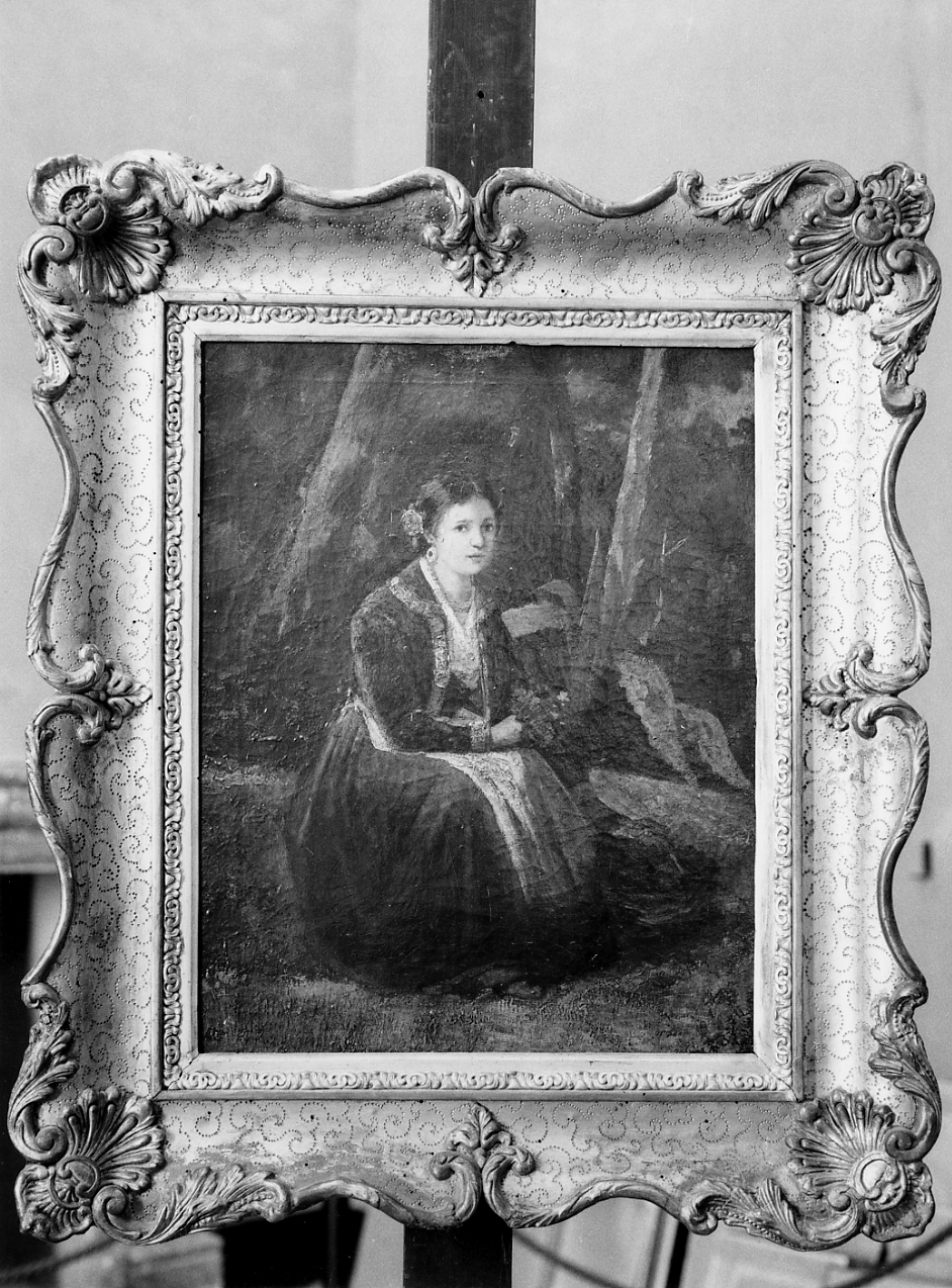 giovane donna seduta in giardino, ritratto di donna (dipinto) - ambito Italia centrale (sec. XIX)