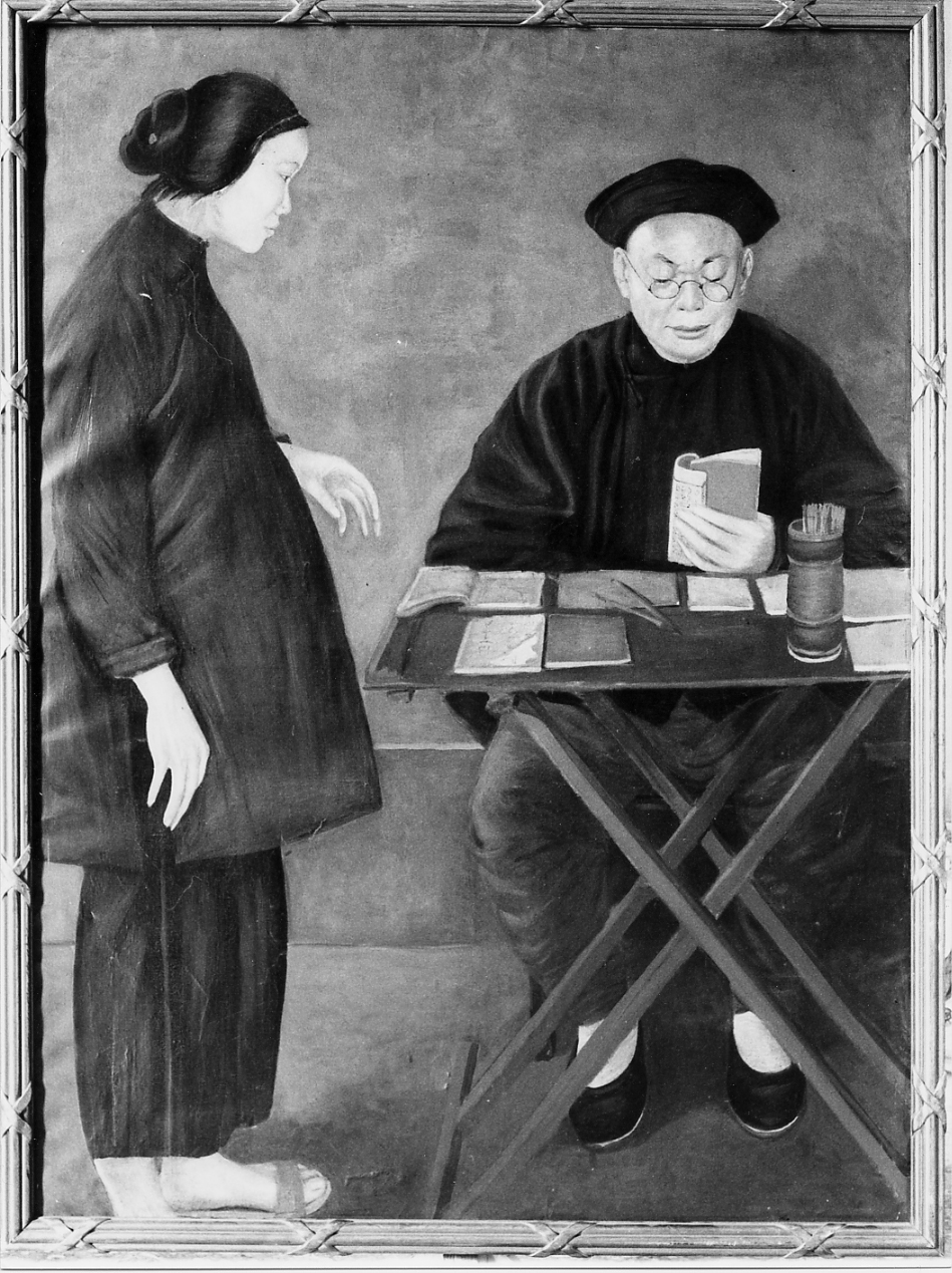 ginecologo cinese, donna gravida a colloquio con il medico (dipinto) - ambito Italia centrale (sec. XIX)