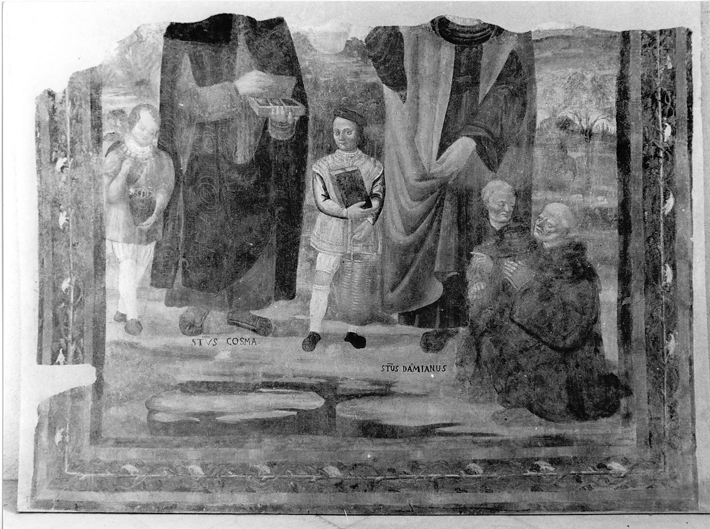 Santi Cosma e Damiano, due fanciulli e due monaci (dipinto) - ambito italiano (secc. XV/ XVI)