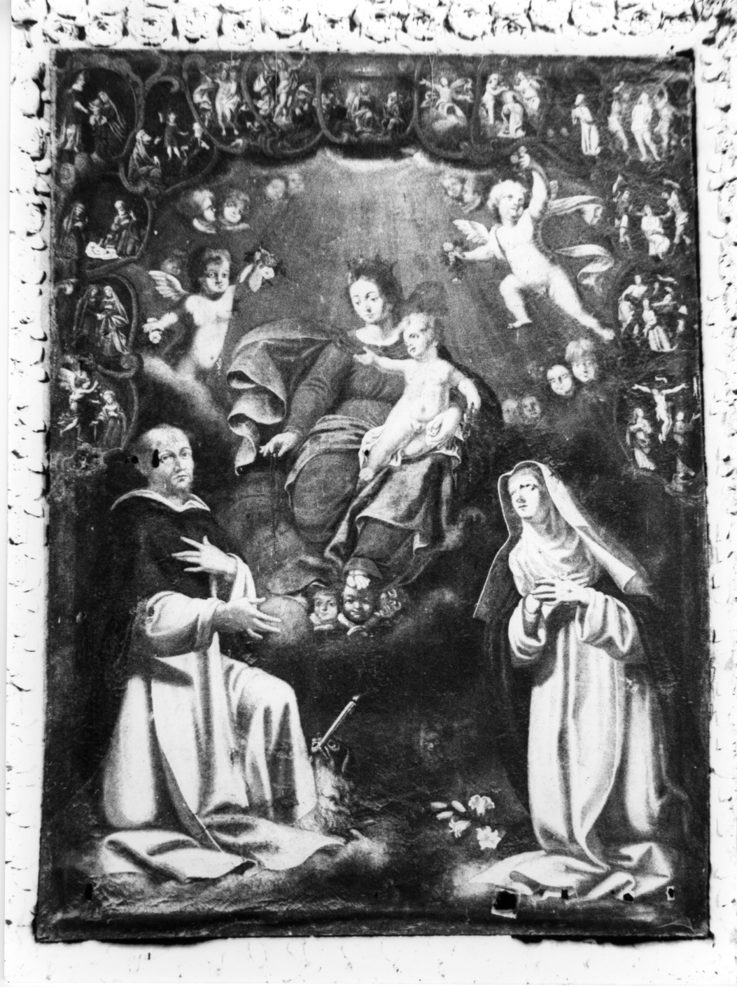 Madonna del Rosario tra S. Domenico e S. Caterina (dipinto) - bottega Italia centrale (sec. XVII)