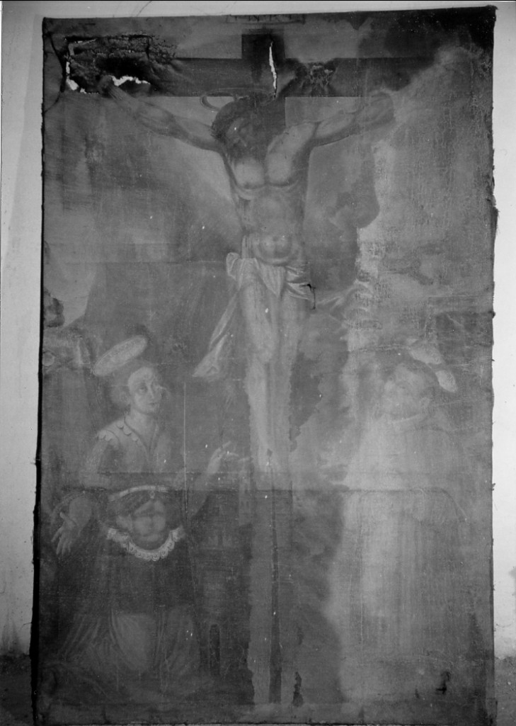 Cristo crocifisso tra Santa Barbara e San Carlo Borromeo (dipinto) - ambito Italia centrale (sec. XVI)