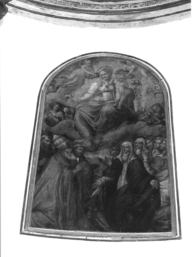 Madonna del Rosario con San Domenico, Santa Caterina da Siena e santi (dipinto) - ambito Italia centrale (sec. XVII)