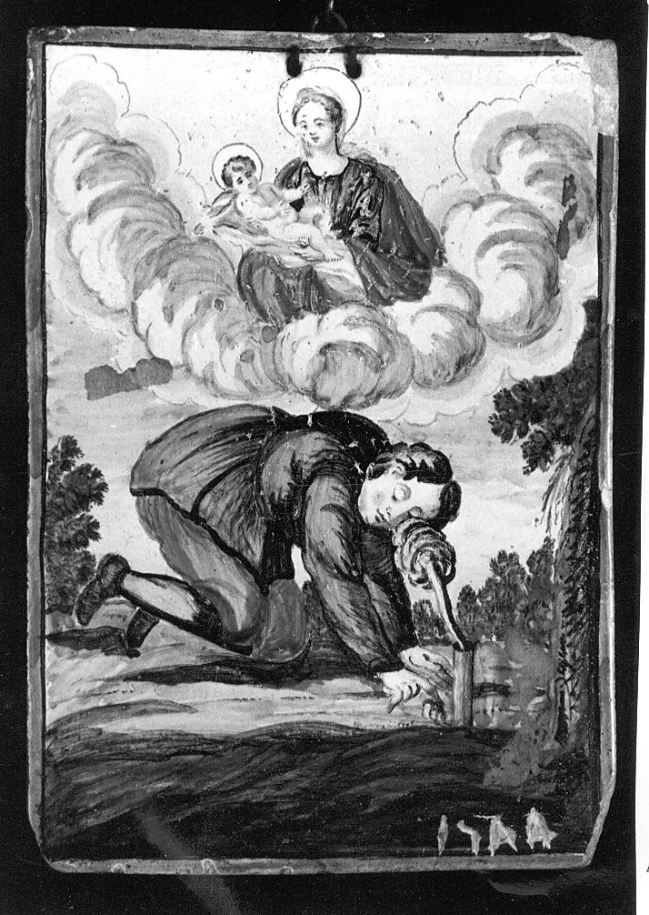 Madonna con Bambino con contadino inginocchiato (mattonella) di Gentili Berardino il Giovane (bottega) (sec. XVIII)