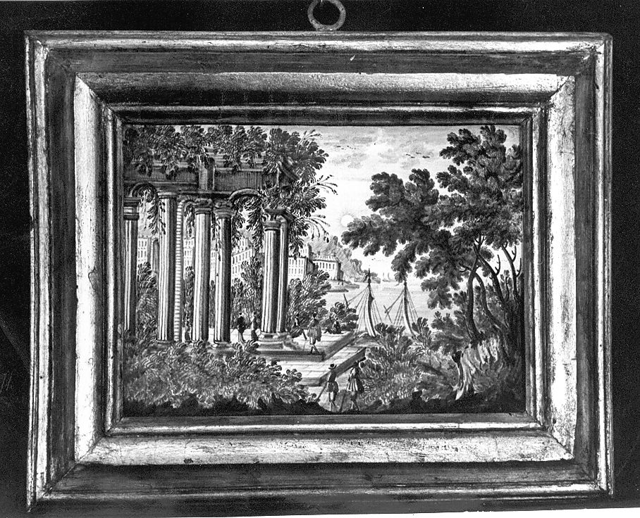 paesaggio con architetture (mattonella) di Cappelletti Nicola (attribuito) (sec. XVIII)
