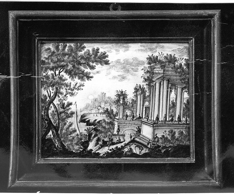 paesaggio con architetture e personaggi (mattonella) di Cappelletti Nicola (attribuito) (sec. XVIII)