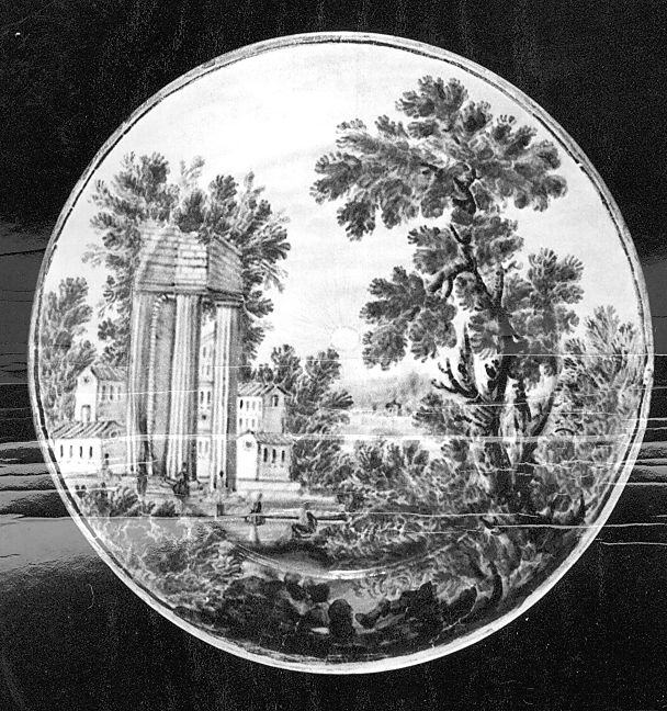 paesaggio con rovine (piattello) di Cappelletti Nicola (attribuito) (sec. XVIII)