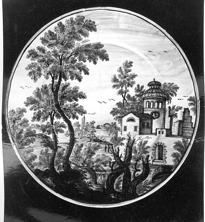 paesaggio con architetture (piattello) di Cappelletti Nicola (attribuito) (sec. XVIII)