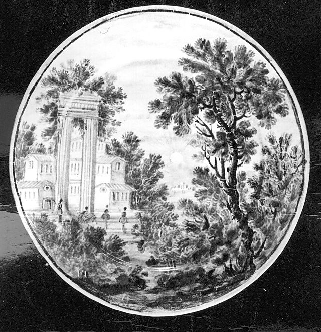 paesaggio con rovine (piattello) di Cappelletti Nicola (attribuito) (sec. XVIII)