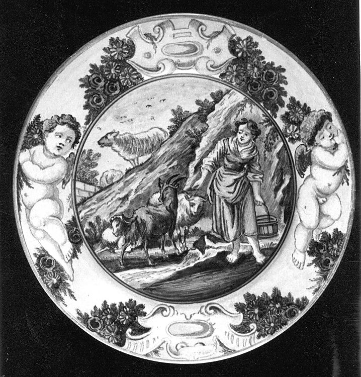 scena pastorale (piattello) di Grue Aurelio (attribuito) (sec. XVIII)