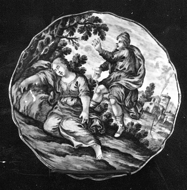 paesaggio con donna dormiente e uomo in piedi (piattello) di Gentili Berardino il Giovane (bottega) (sec. XVIII)