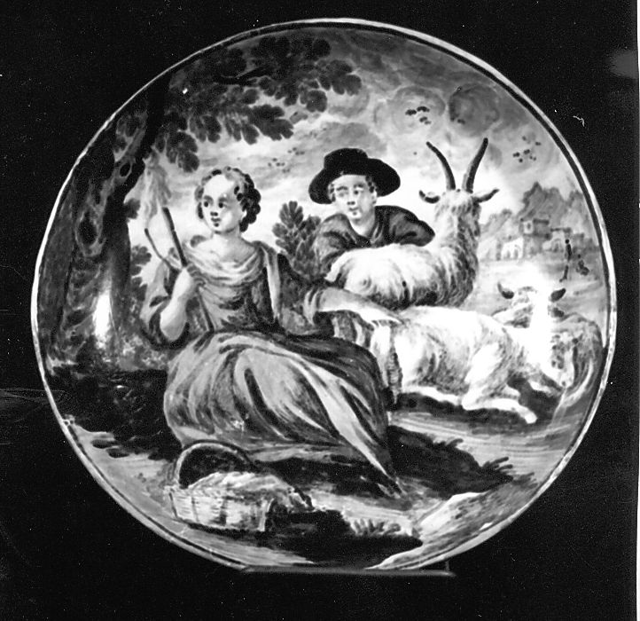 scena di vita campestre (piattello) di Gentili Berardino il Giovane (bottega) (metà sec. XVIII)
