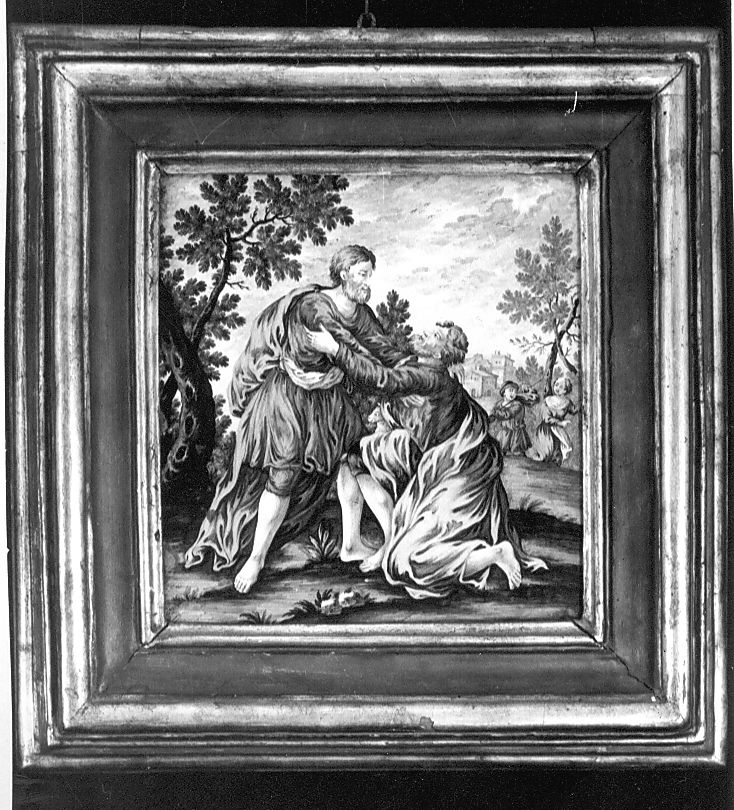 incontro di Esaù e Giacobbe (mattonella, elemento d'insieme) di Gentili Berardino il Giovane (bottega) (sec. XVIII)
