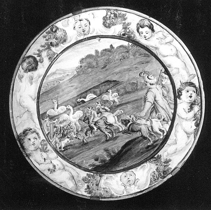 scena di caccia (piattello) di Cappelletti Candeloro (attribuito) (sec. XVIII)